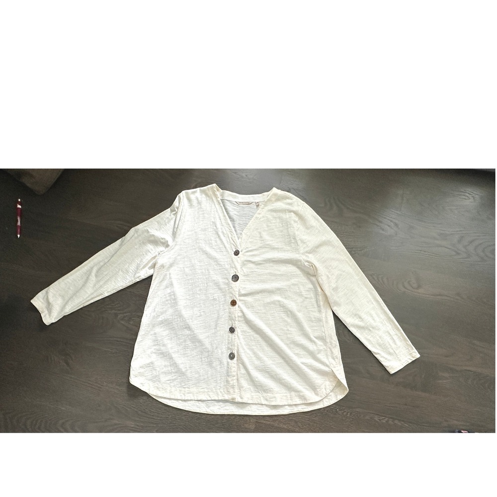 Soft Surroundings Button Down Top Women's 1X Cream V Neck Long Sleeve